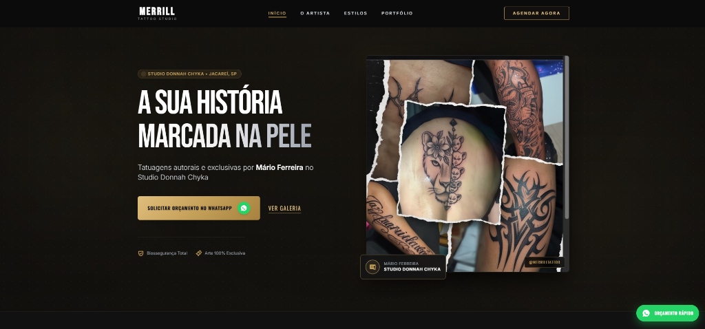 Prévia da página inicial do site Merrill Tattoo